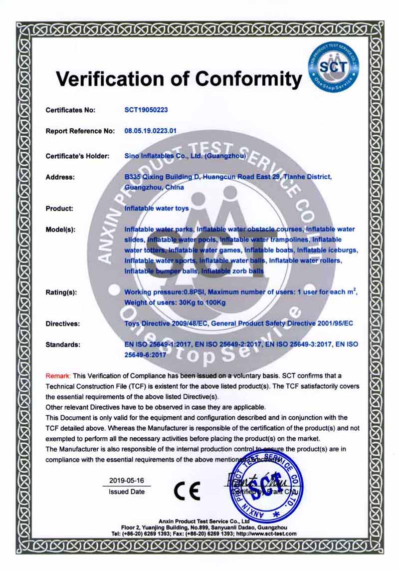 Certificado en25649 para juegos inflables de agua.